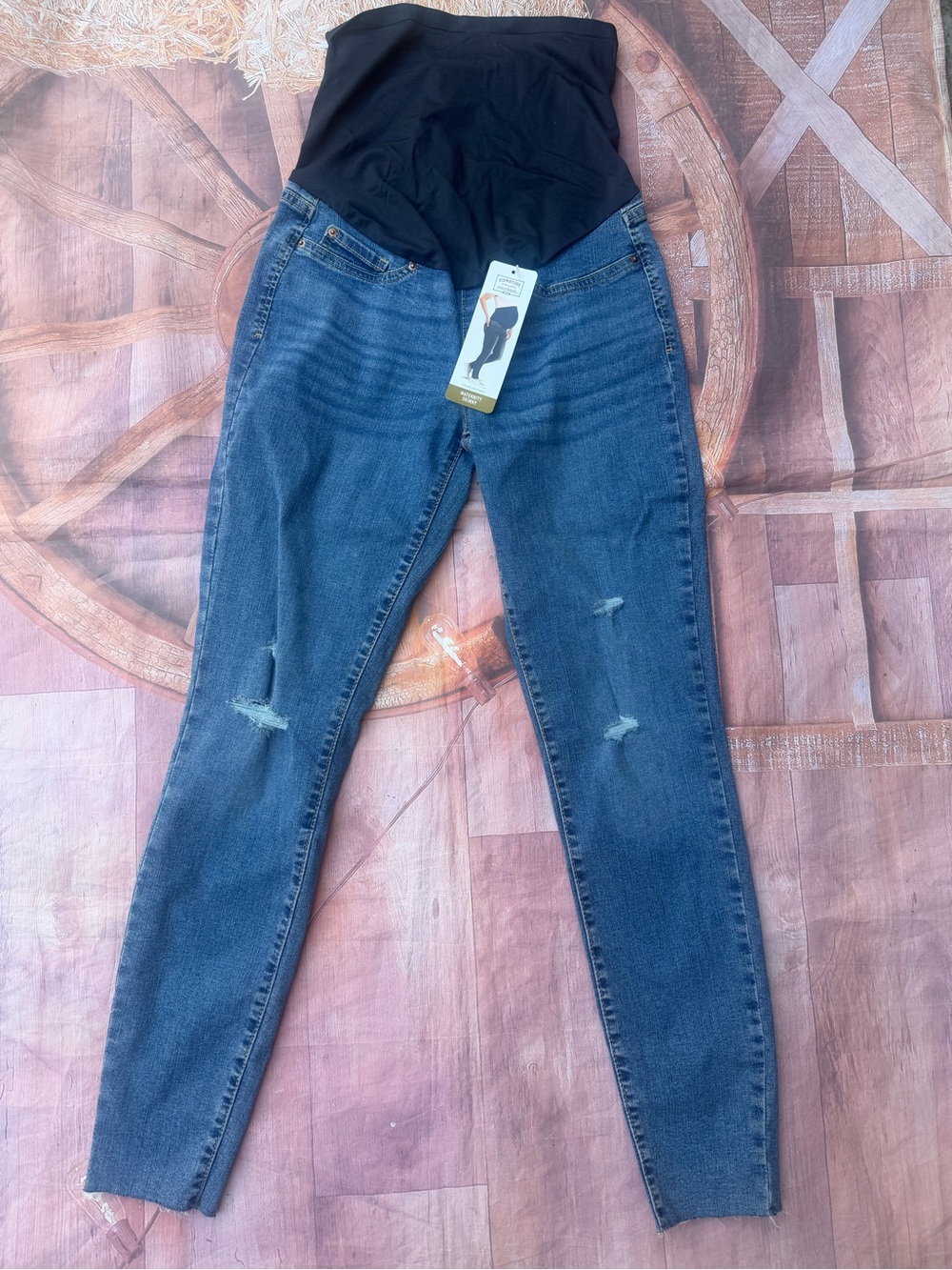 Maternity Blue Distressed Skinny Jeans with Black Support Panel